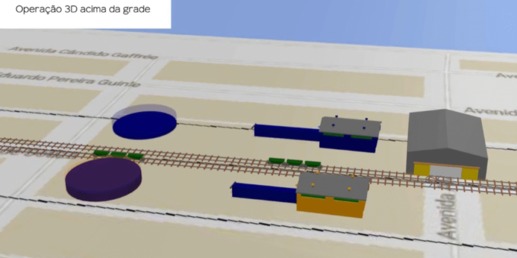 Simulação 3D da operação ferroviária com pera em terminal portuário, desenvolvida pelo CILIP para otimização logística.